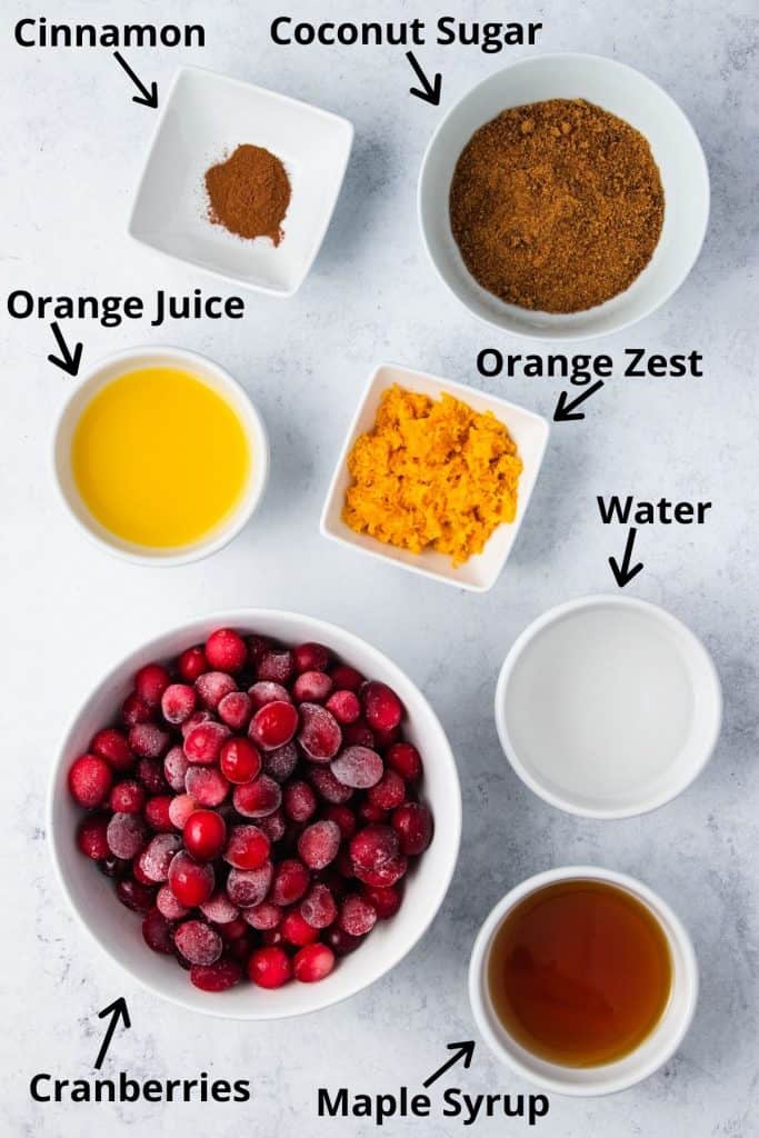 ingredients for cranberry sauce with text labels