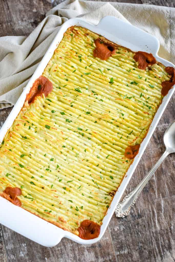 shepherd's pie garnished with parsley after cooking