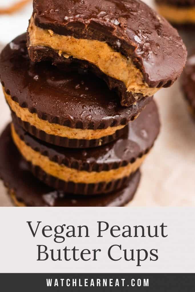 pin showing stack of peanut butter cups with bite taken out of the top one with text title