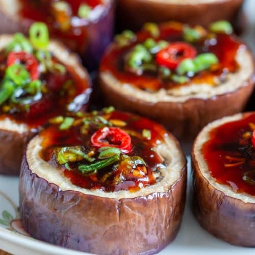 front view of Chinese eggplant with garlic sauce