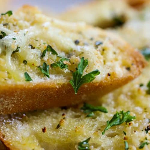 close-up pieces of garlic bread