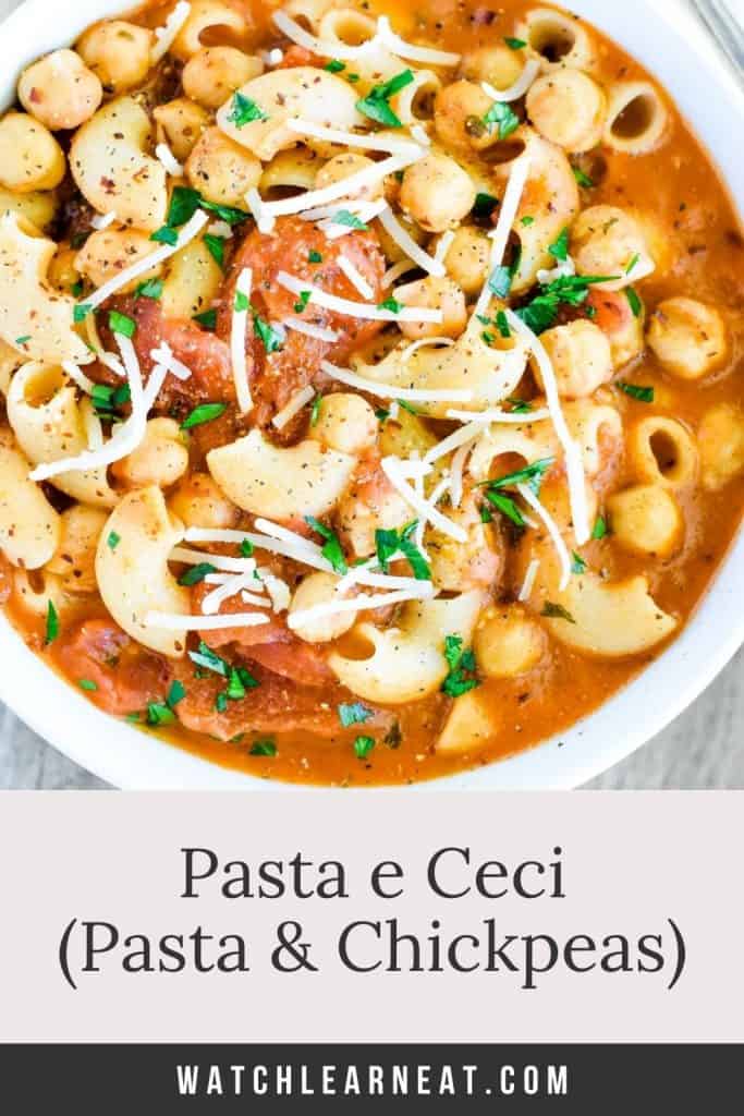 pin showing overhead of pasta e ceci in white bowl with text title overlay.