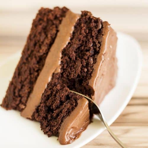 slice of chocolate cake on a white plate with a fork cutting into it.