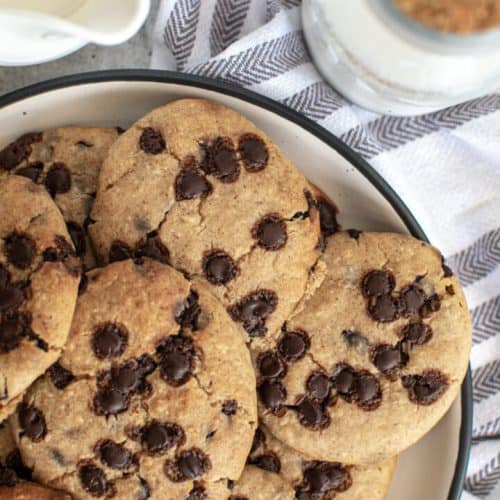 overhead of white bean chocolate chip cookies on a plate.