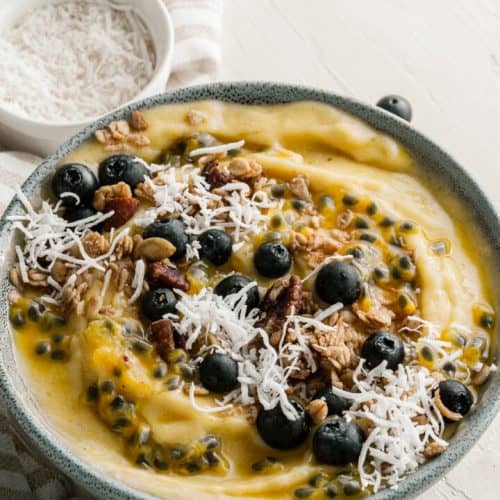 overhead shot of mango smoothie bowl.