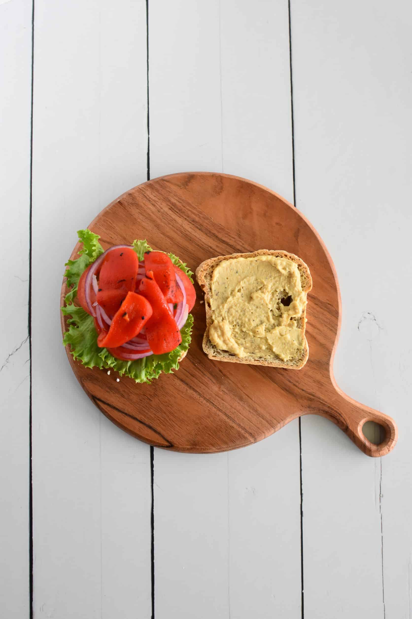 roasted red peppers added to one side of toast.