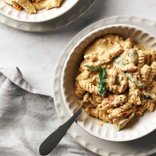 overhead of pasta with roasted tomatoes in a bowl with fork in it.