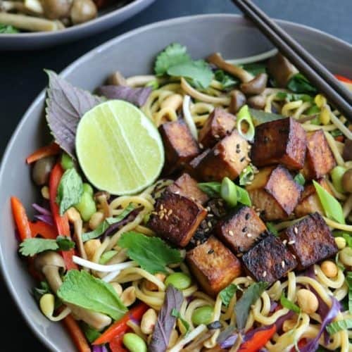 overhead of tofu noodle bowl with chopsticks.