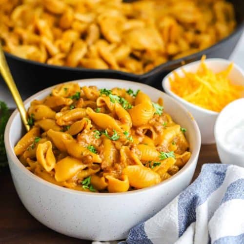 serving of vegan hamburger helper in a white bowl.