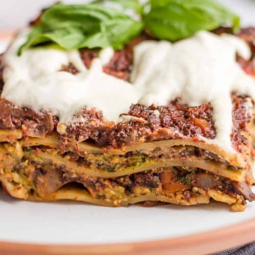 front view of vegan mushroom lasagna on a plate.