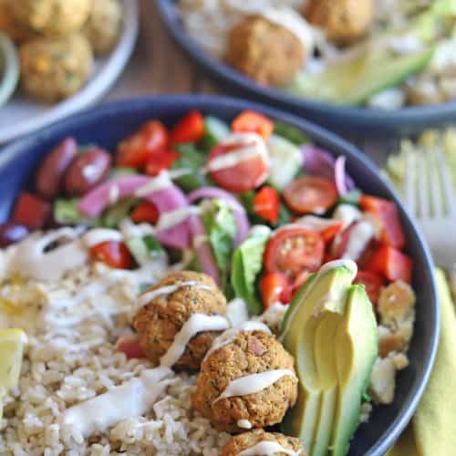 close-up overhead shot of falafel bowl.