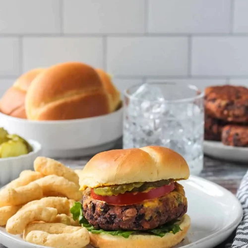 spicy bean burger on a bun on a plate with snack on the side.