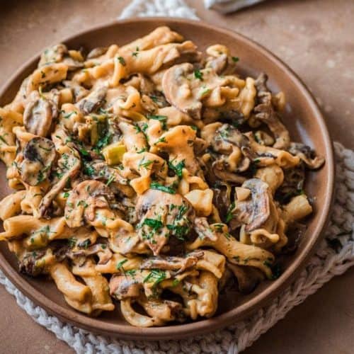 overhead of vegan stroganoff in a dish.