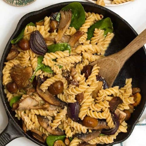 overhead of tahini pasta in a skillet.