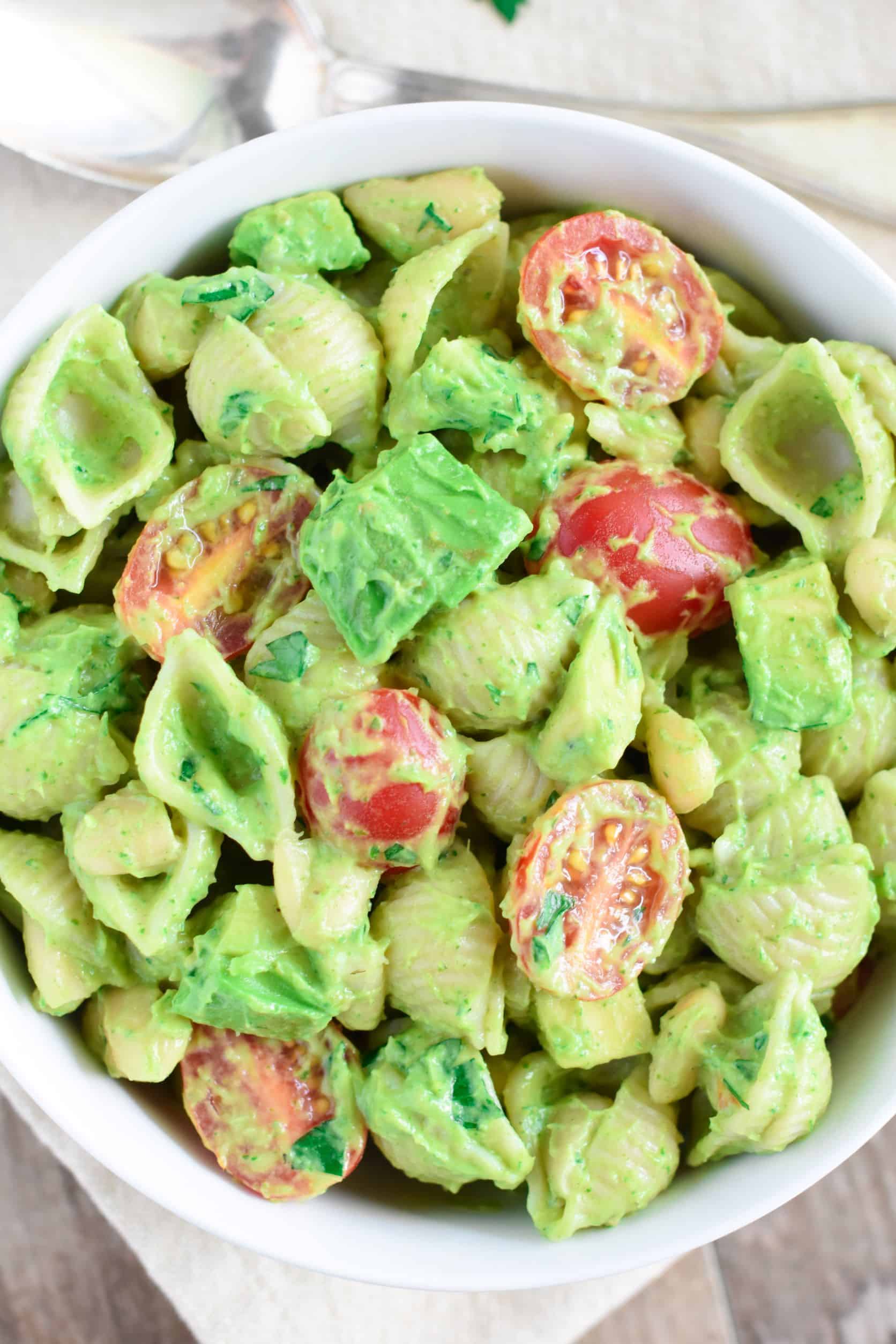 close-up of pasta salad in a white bowl.