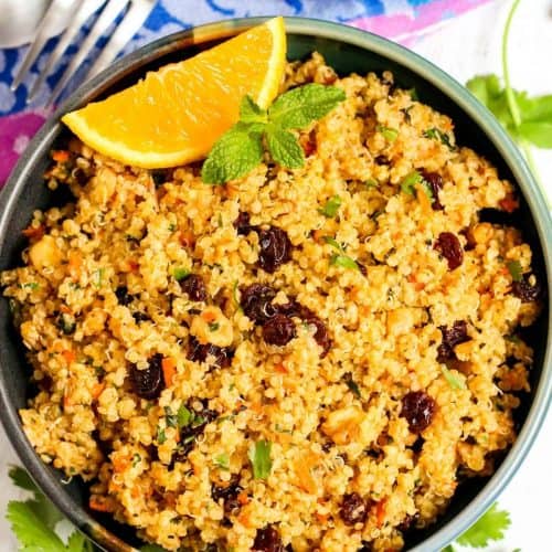 overhead of orange spiced quinoa in a bowl.