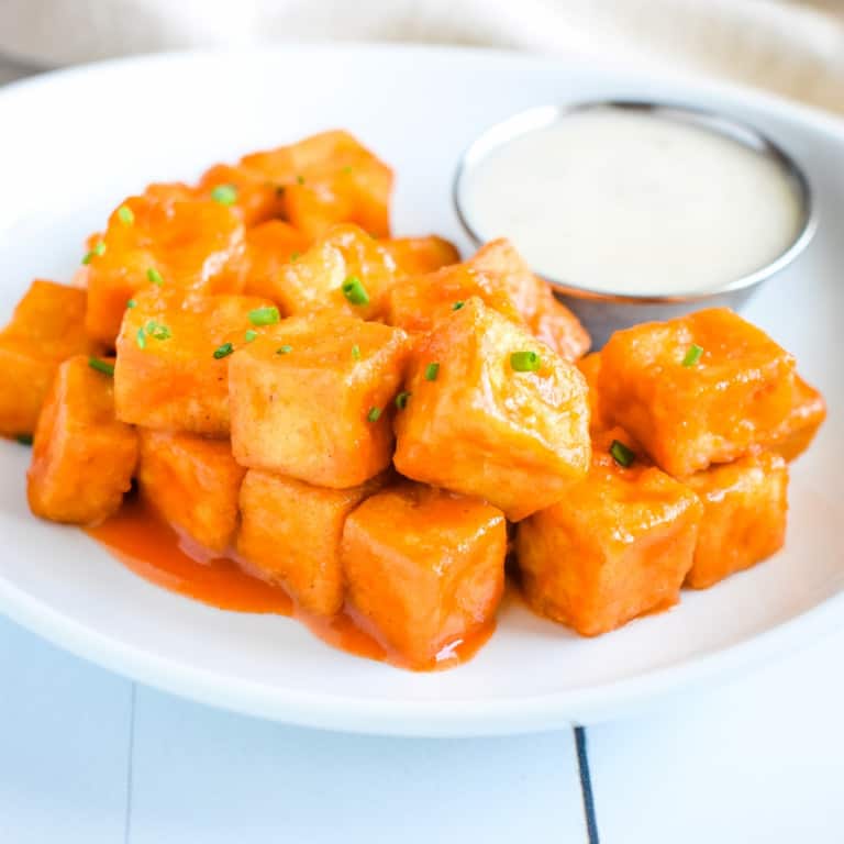 Air Fryer Buffalo Tofu on a plate.