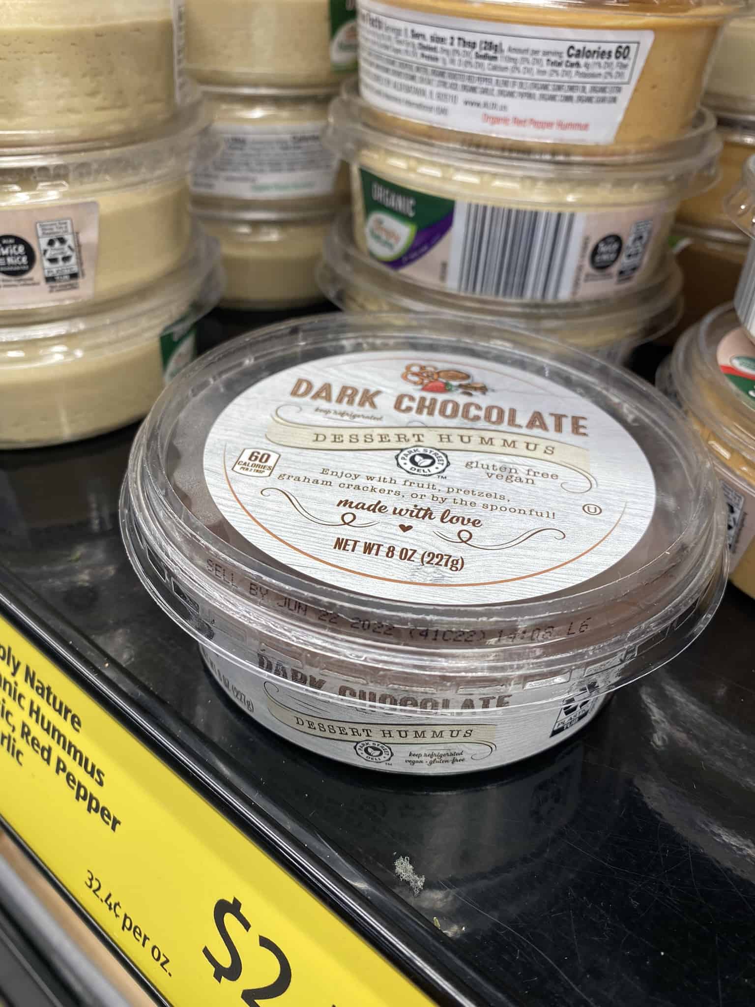 Dessert hummus on Aldi shelf.