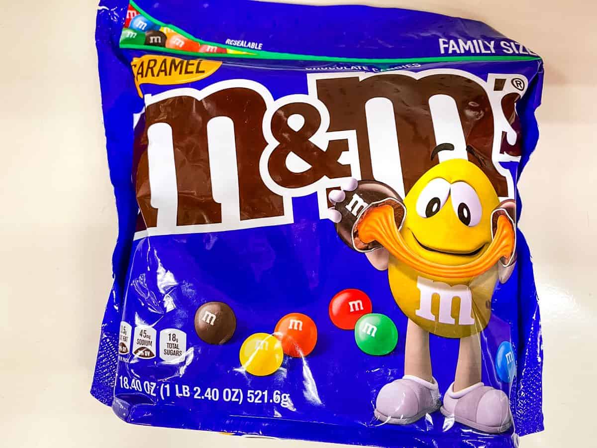 Bag of caramel M&M's.