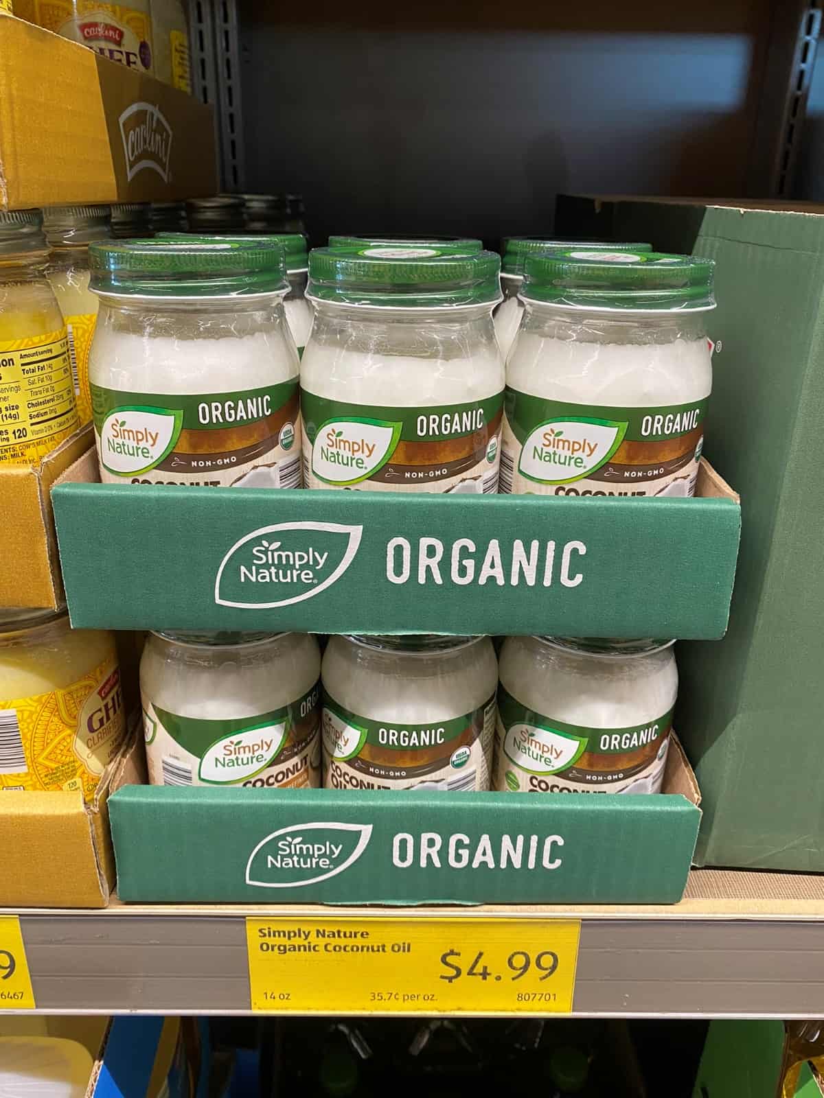 Jars of coconut oil on Aldi Shelf.