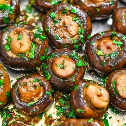 Garlic Mushrooms on a tray.