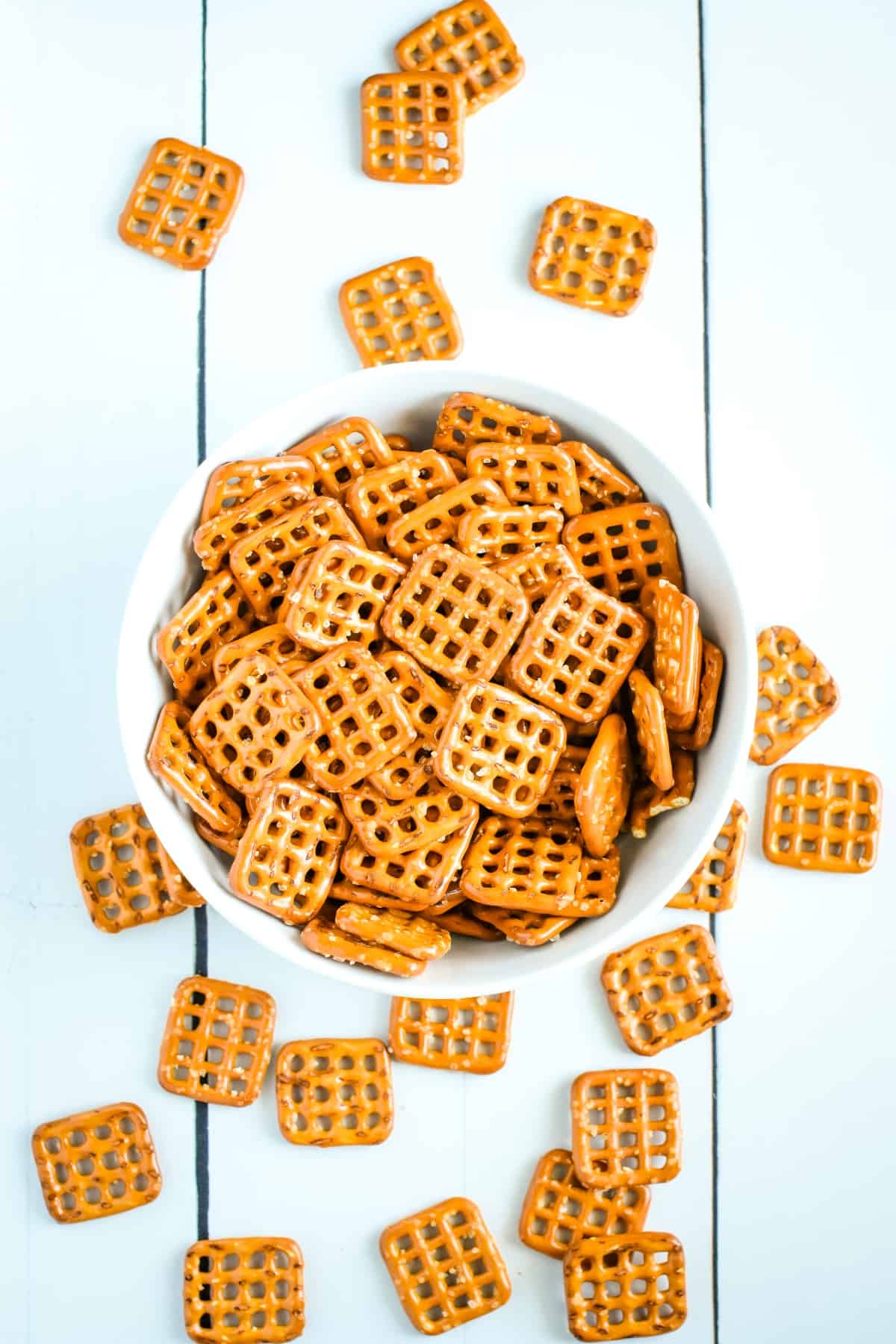 Pretzels in a white bowl.