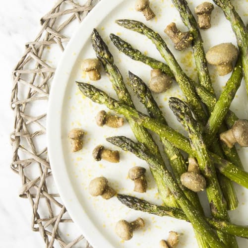 Roasted Asparagus and Mushrooms on a plate.