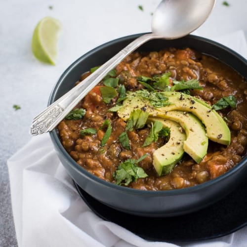 Sweet Potato Lentil Soup in bowl.