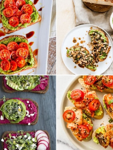 Collage of four vegan avocado toast ideas.