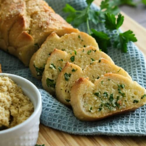 Vegan Garlic Bread on a towel.