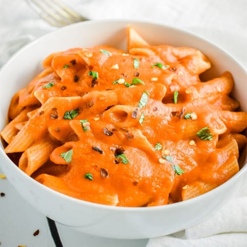 Vodka sauce with penne pasta in a bowl.