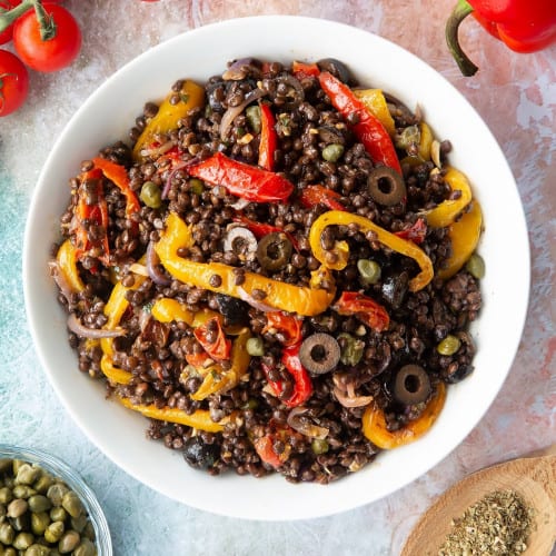 Vegan lentil salad in a bowl.