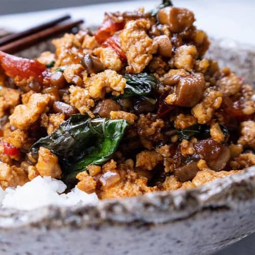 Vegan Thai Basil Stir fry Pad Kra Pao in bowl.