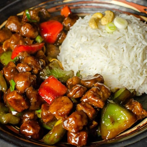 Vegan Kung Pao in bowl.