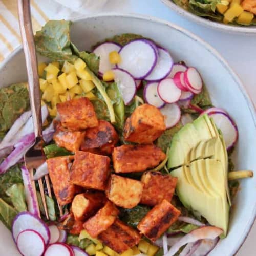 buffalo tempeh salad in bowl.