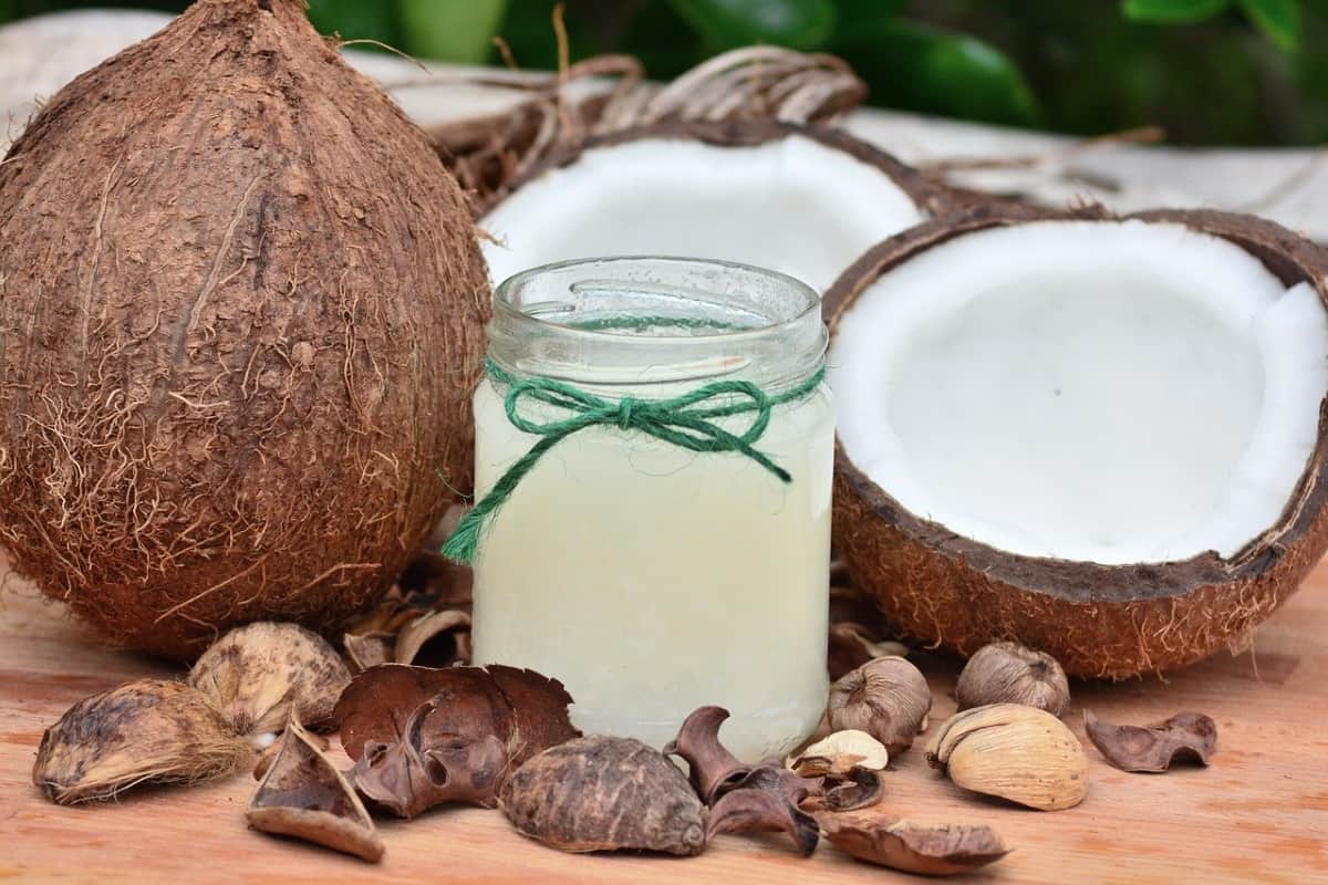 coconut oil in mason jar with coconuts around it.