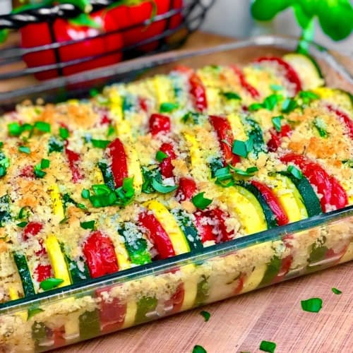 Garden zucchini squash casserole in a glass dish.