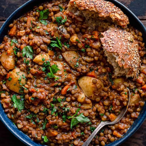 instant pot lentil soup in bowl.