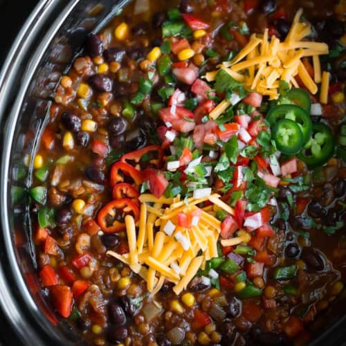 slow cooker lentil taco chili in crock.