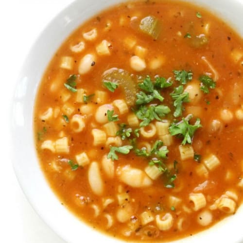 Pasta e Fagioli in a white bowl.