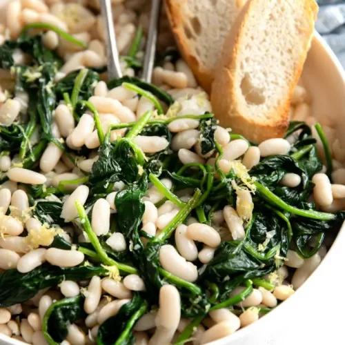 Cannellini Beans with Garlic and Spinach in a bowl.