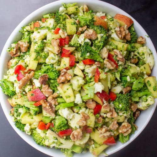 broccoli cauliflower salad in a bowl.