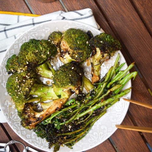 Grilled broccoli on a plate.