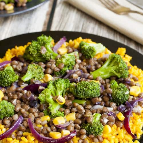 Creamy Broccoli Lentil Stir fry on a plate.