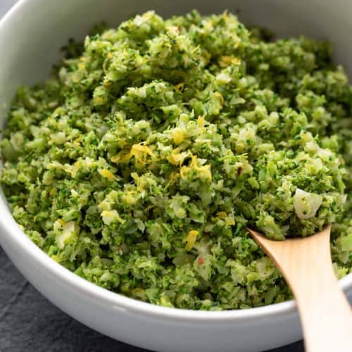 broccoli rice in a white bowl.