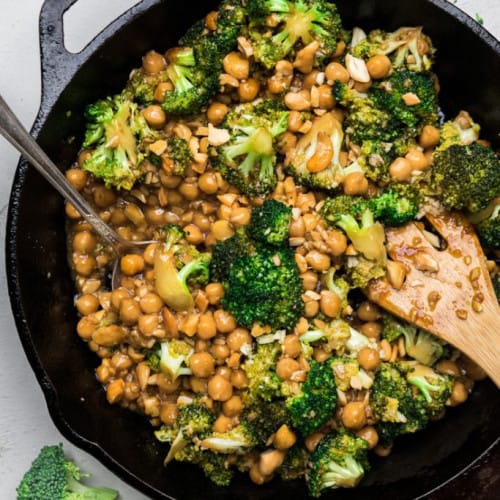 Broccoli with Garlic Sauce in a frying pan.