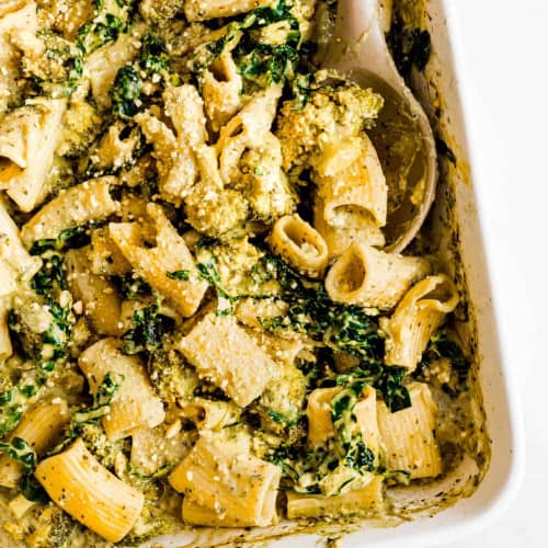 Creamy Vegan Pesto Pasta in a dish.