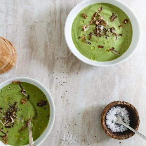 Paleo Creamy Broccoli Soup in bowls.