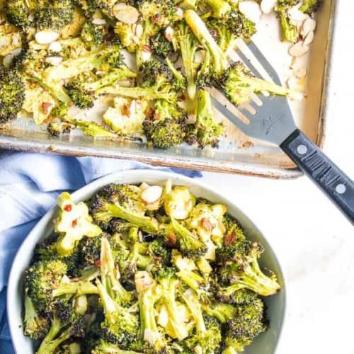 Oven Roasted Broccoli in a bowl and on a tray.