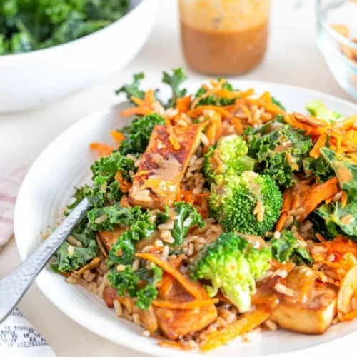 Broccoli Brown Rice Buddha Bowls Recipe on a plate.